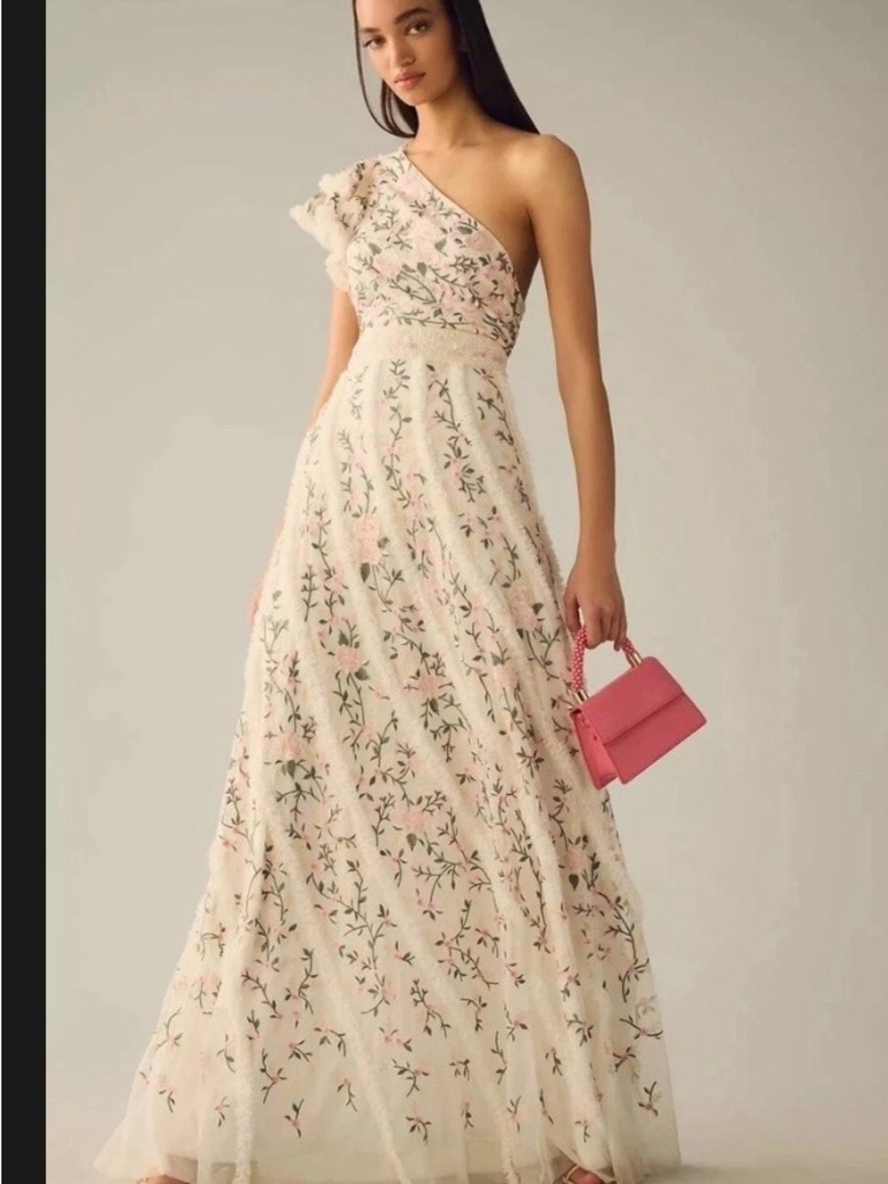 Mac Duggal One-Shoulder Floral Lace Gown in Cream and Pink